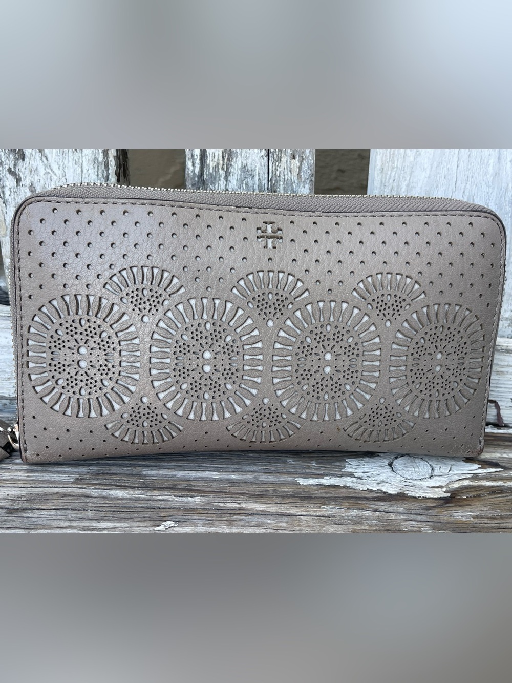 Tory Burch Zoey Perforated Laser Cut Zip Around Wallet French Gray Leather